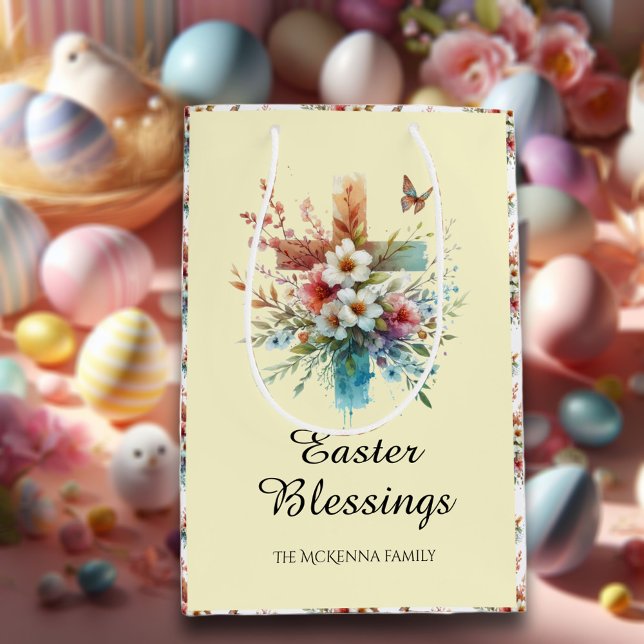 Yellow Watercolor Cross Flowers Christian Easter  Medium Gift Bag (Creator Uploaded)