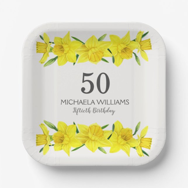 Yellow Watercolor Daffodil 50th Birthday Napkins Paper Plate (Front)