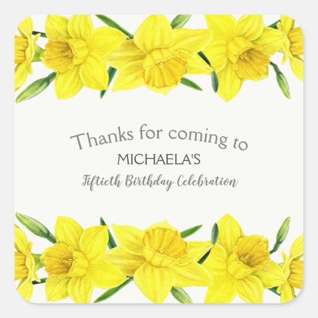Yellow Watercolor Daffodil 50th Birthday Party Square Sticker (Front)