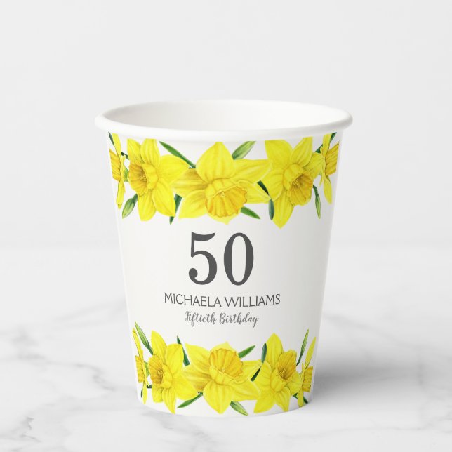 Yellow Watercolor Daffodils 50th Birthday Party Paper Cups (Front)