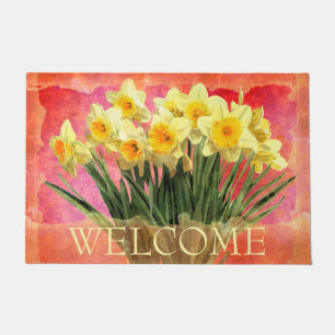 Yellow Watercolor Daffodils on Coral Welcome Doormat