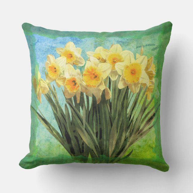 Yellow Watercolor Daffodils on Green Cushion (Front)