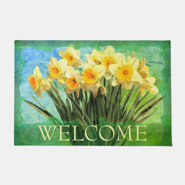Yellow Watercolor Daffodils on Green Welcome Doormat (Front)