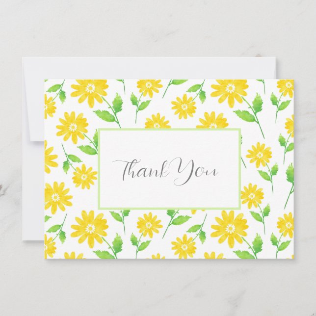 Yellow Watercolor Daisy Stems Pattern  Thank You Card (Front)