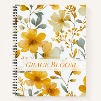 Yellow Watercolor Floral Botanical Flower Pattern Notebook