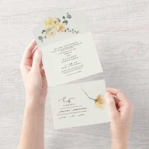 Yellow Watercolor Floral Cream Wedding All In One Invitation