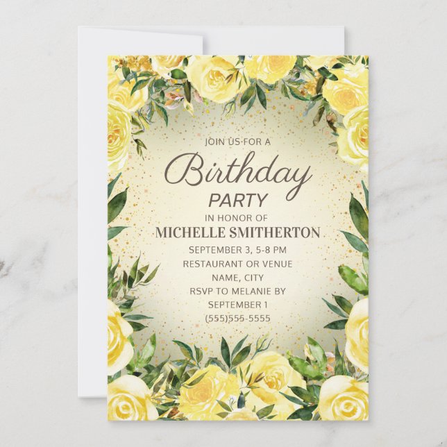 Yellow Watercolor Floral Glitter Adult Birthday Invitation (Front)