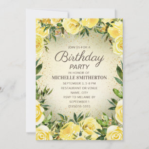 Yellow Watercolor Floral Glitter Adult Birthday Invitation