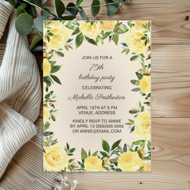 Yellow Watercolor Floral Greenery 75th Birthday Invitation (Yellow floral and greenery 75th birthday party invitation)
