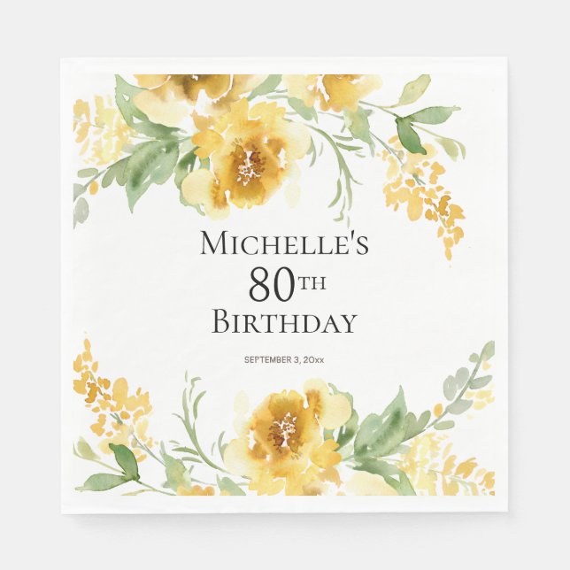 Yellow Watercolor Floral Greenery 80th Birthday Napkin (Front)