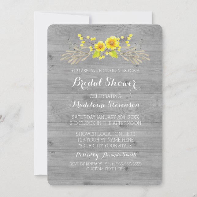 Yellow Watercolor Floral Grey Wood Bridal Shower Invitation (Back)