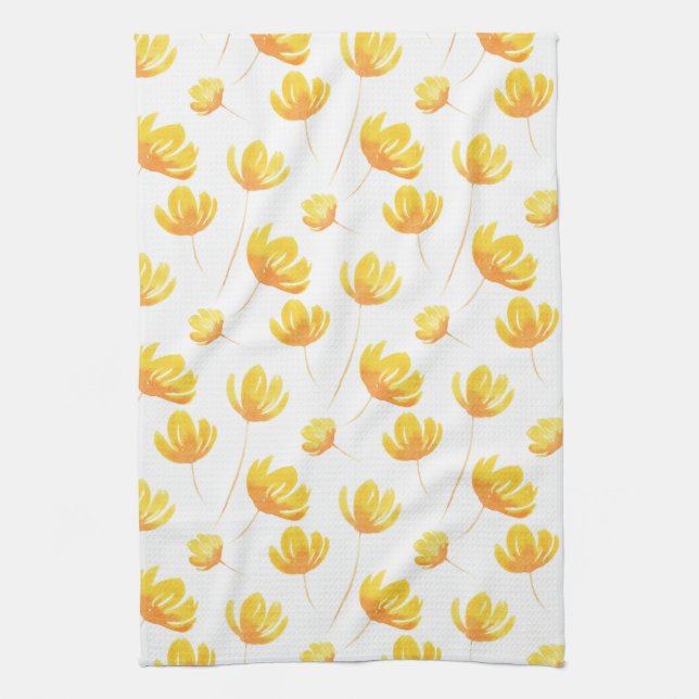 Yellow Watercolor Floral Pattern Tea Towel (Vertical)