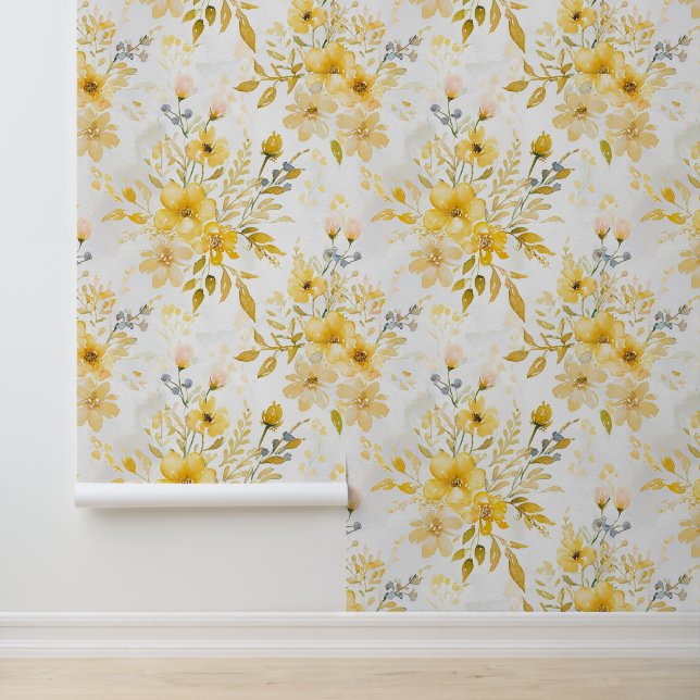 Yellow watercolor floral pattern wallpaper (Application)