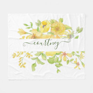 Yellow watercolor floral personalised   fleece blanket