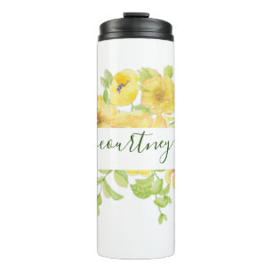 Yellow watercolor floral personalised thermal tumbler