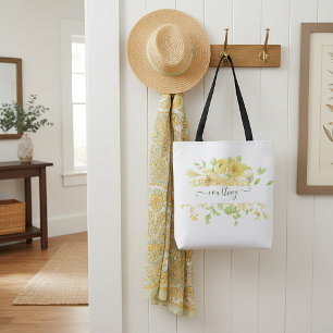 Yellow watercolor floral personalised tote bag
