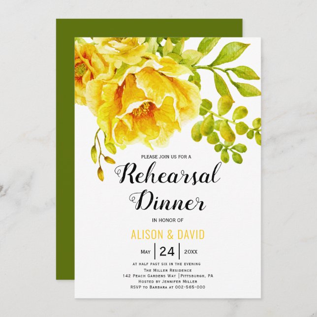 Yellow watercolor floral wedding rehearsal dinner invitation (Front/Back)