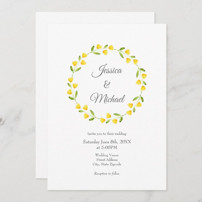 Yellow Watercolor Floral Wreath  Invitation (Front/Back)