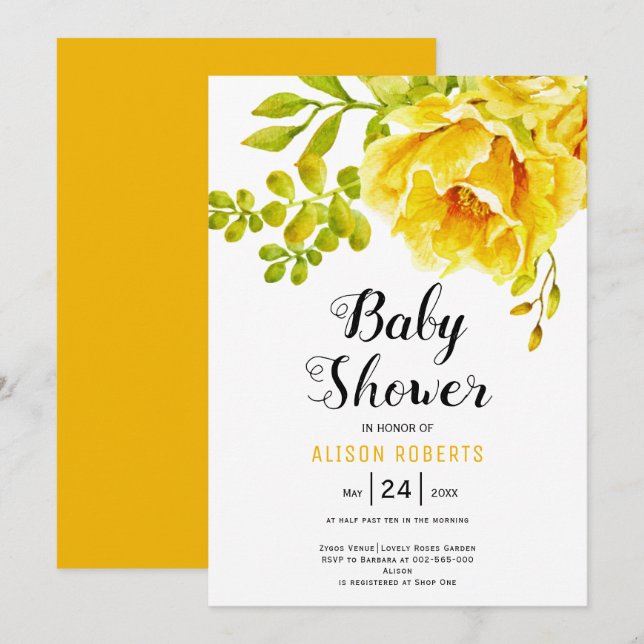 Yellow watercolor flowers and leaves baby shower invitation (Front/Back)