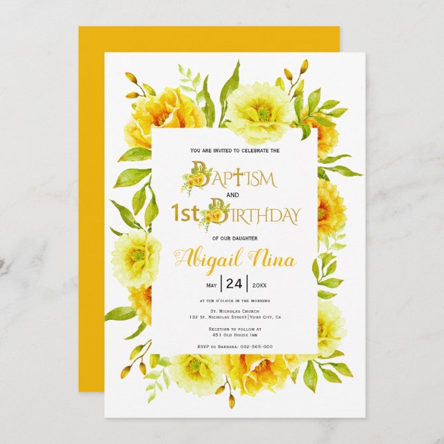 Yellow watercolor flowers baptism and 1st birthday invitation (Front/Back)