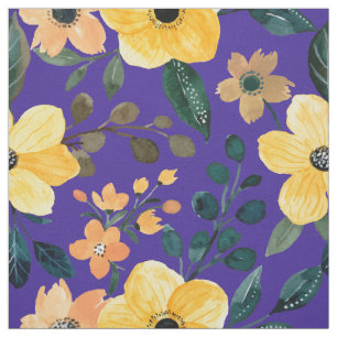 Yellow Watercolor Flowers Blue Purple Botanical Fabric