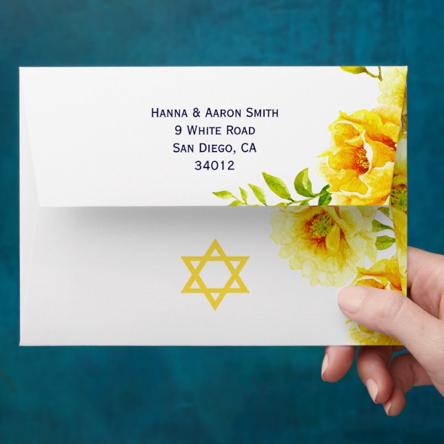 Yellow watercolor flowers floral Bat Mitzvah Envelope (Hand)