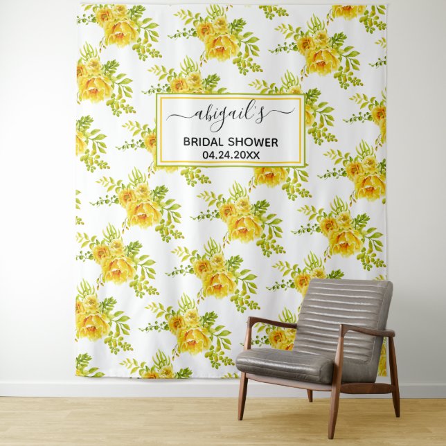 Yellow watercolor flowers floral bridal shower tapestry (In Situ)