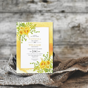 Yellow watercolor flowers floral wedding invitation