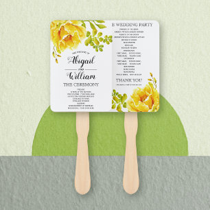 Yellow watercolor flowers floral wedding program hand fan