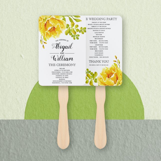 Yellow watercolor flowers floral wedding program hand fan (Creator Uploaded)