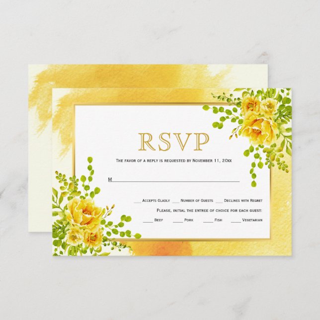 Yellow watercolor flowers floral wedding RSVP card (Front/Back)