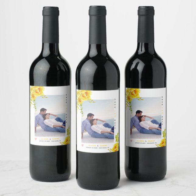 Yellow watercolor flowers, green leaves and photo wine label (Bottles)