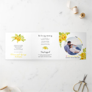 Yellow watercolor flowers green leaves,  photo Tri-Fold programme