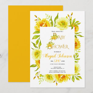 Yellow watercolor flowers neutral baby shower invitation