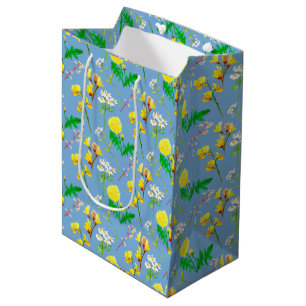 Yellow watercolor flowers on blue medium gift bag