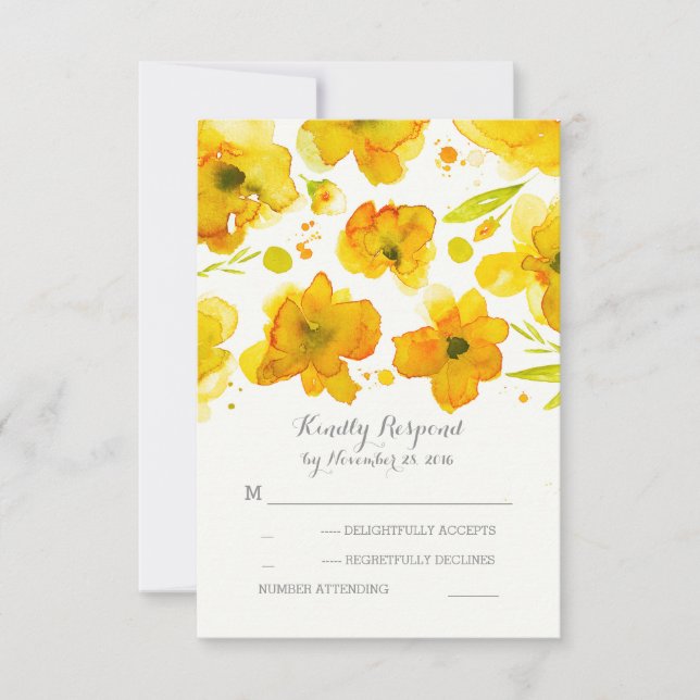 yellow watercolor flowers romantic wedding RSVP Card (Front)