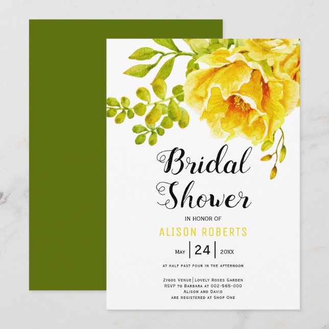 Yellow watercolor flowers wedding bridal shower invitation (Front/Back)