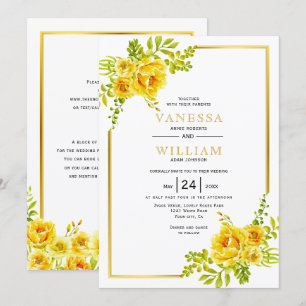 Yellow watercolor flowers wedding request invitation