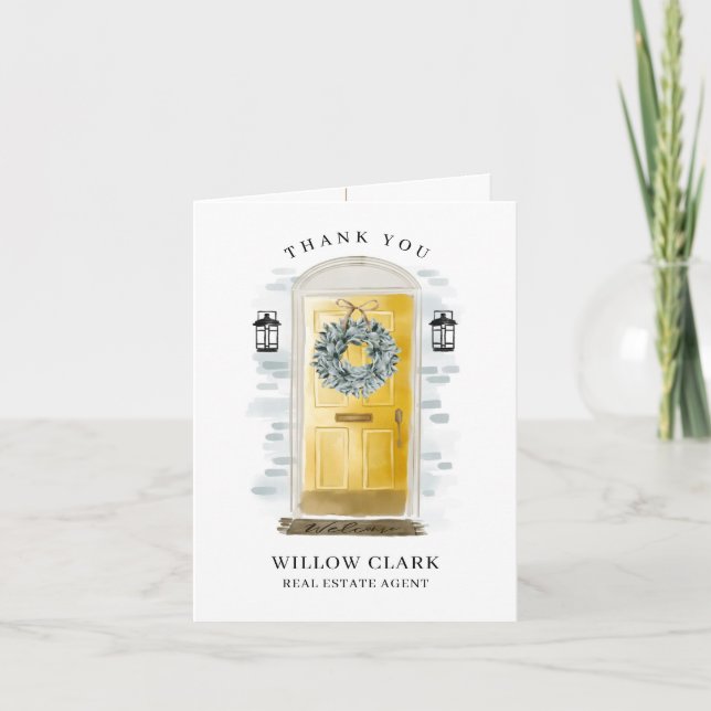 Yellow Watercolor Front Door & Wreath Thank You Card (Front)