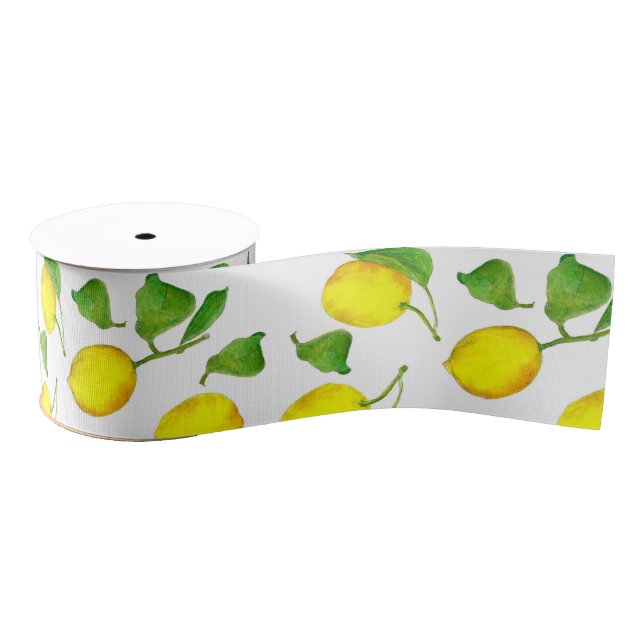 Yellow Watercolor Fruit Citrus Lemons Grosgrain Ribbon (Spool)