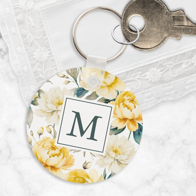 Yellow Watercolor Garden Flowers Monogrammed Key Ring (An elegant monogrammed keychain with yellow and white peony and chrysanthemum floral design)