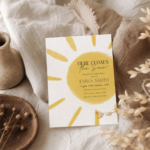 Yellow Watercolor Here Comes The Sun Baby Shower  Invitation
