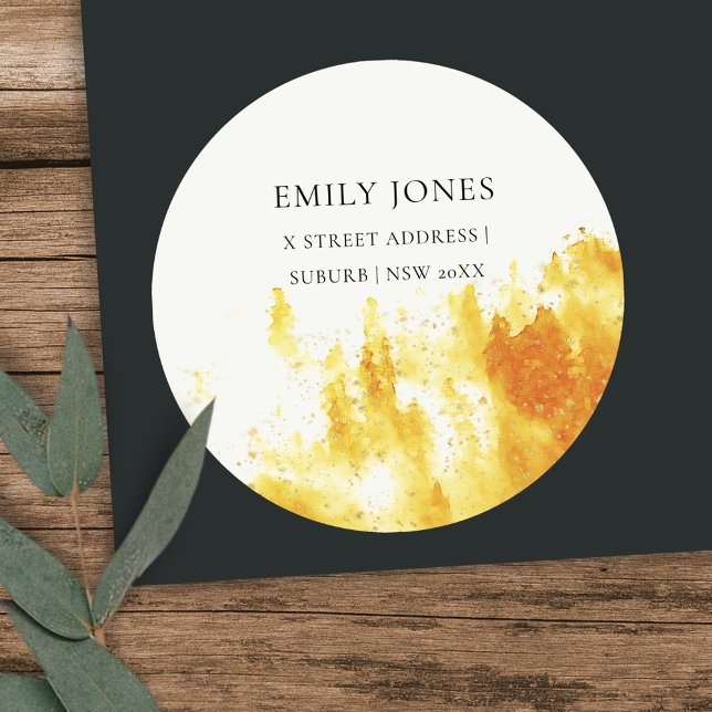 YELLOW WATERCOLOR LANDSCAPE TREE FOLIAGE MONOGRAM CLASSIC ROUND STICKER (Creator Uploaded)