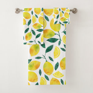 Yellow Watercolor Lemon Pattern Bath Towel Set