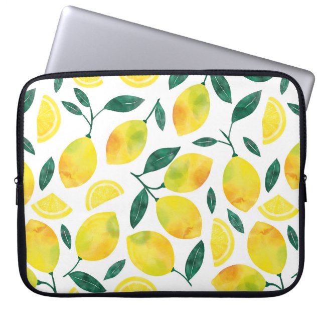 Yellow Watercolor Lemon Pattern Laptop Sleeve (Front)