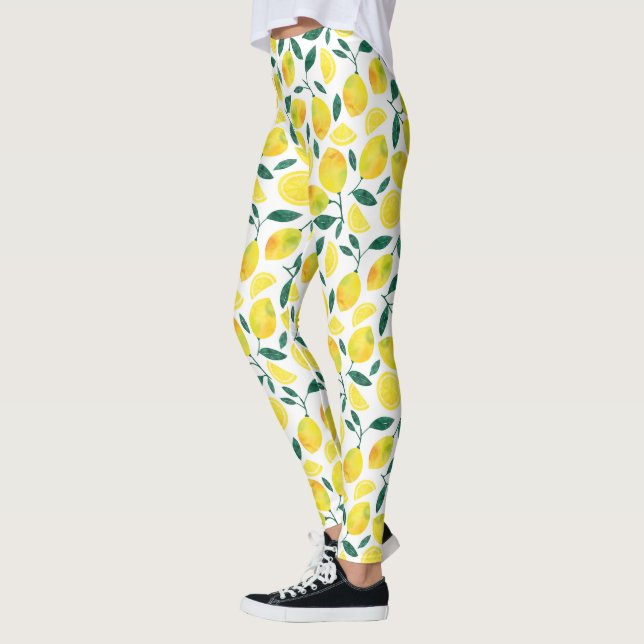 Yellow Watercolor Lemon Pattern Leggings (Left)