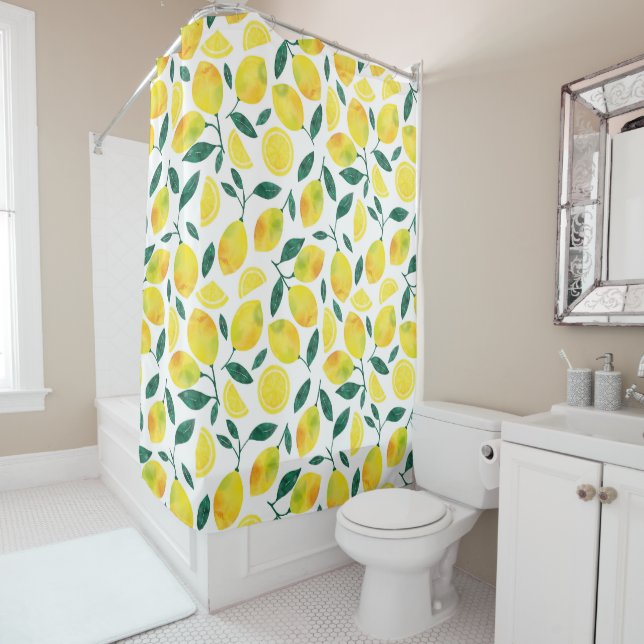 Yellow Watercolor Lemon Pattern Shower Curtain (In Situ)