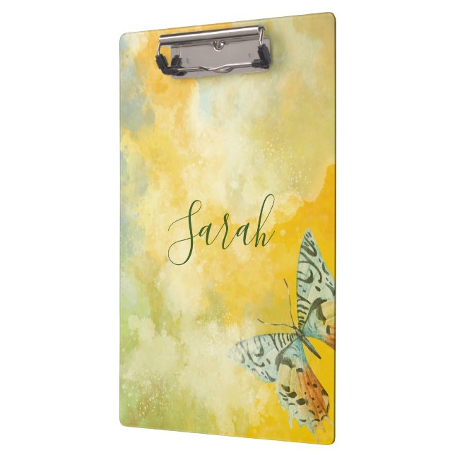 Yellow Watercolor Monogram Name Tie Dye Butterfly  Clipboard (Left)