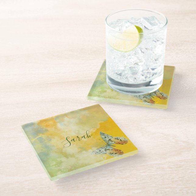 Yellow Watercolor Monogram Name Tie Dye Butterfly  Glass Coaster (Angled)