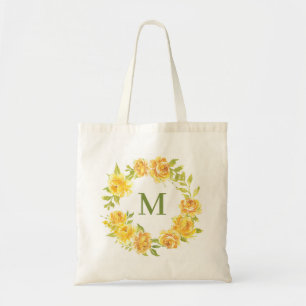 Yellow Watercolor Peonies Floral Wreath Monogram Tote Bag